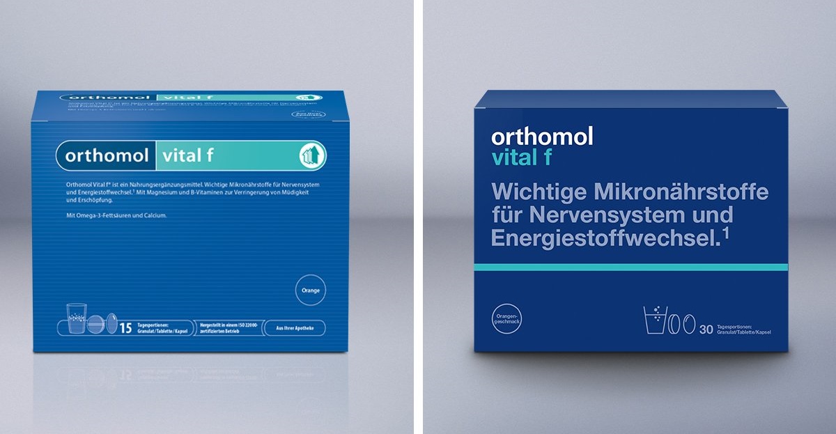 Упаковка Orthomol Vital F: прежний и новый дизайн